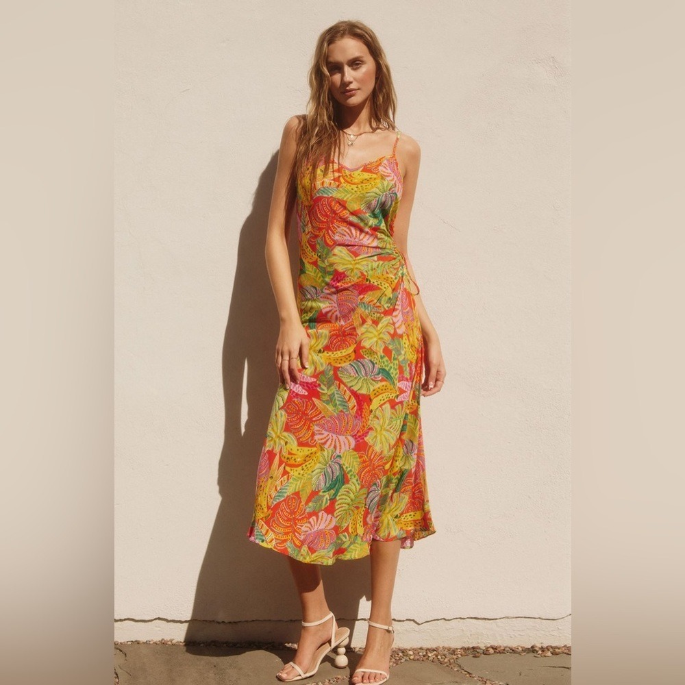 Lilyful Tropical Fruit Leaf Print Midi Dress Red Yellow FD10828-P1041 Small